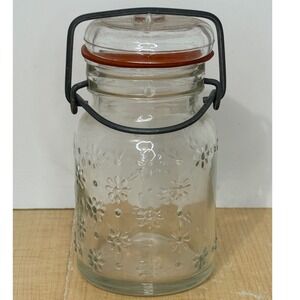Wheaton NJ Vintage Glass Daisy Embossed Canister Wire Bale Lid Clear Jar 5 inch